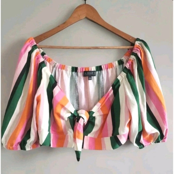 Eloquii  Linen Crop Top Women's 20 Puff  Striped Multicolor Puff Sleeves - Picture 1 of 8